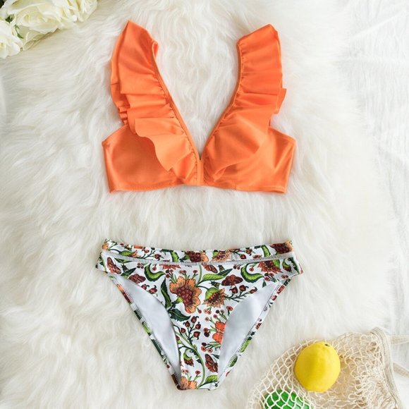 CUPSHE Orange Ruffle Bikini with Floral Bottom NEW WITH TAGS! - Picture 8 of 16